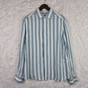 Porter & Ash Mens L Blue & White Striped 100% Linen Long Sleeve Button Up Resort